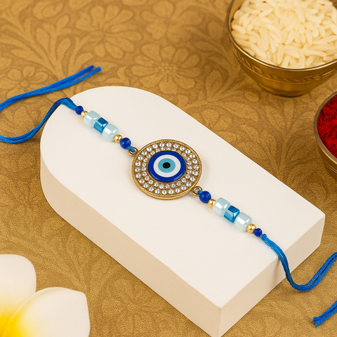 Evil Eye Beaded Rakhi with Crystal Embellishments – Blue & Gold